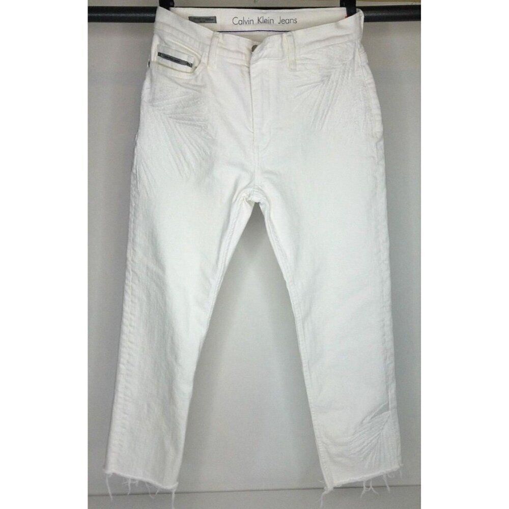 Calvin Klein High Rise Straight Crop White Denim Jeans Embroidered Raw Hem Sz 30